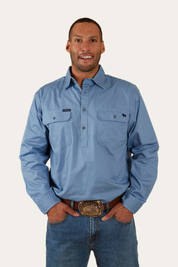 RINGERS WESTERN King River Men's Half button coolmax Work Shirt - Denim Blue