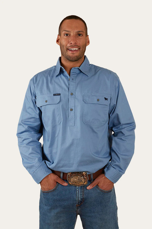 RINGERS WESTERN King River Men's Half button coolmax Work Shirt - Denim Blue
