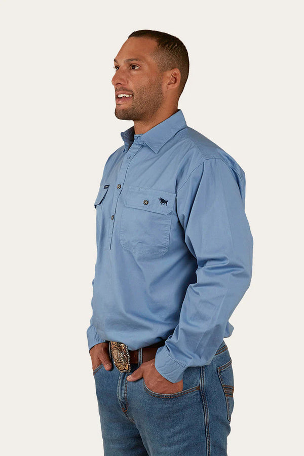RINGERS WESTERN King River Men's Half button coolmax Work Shirt - Denim Blue