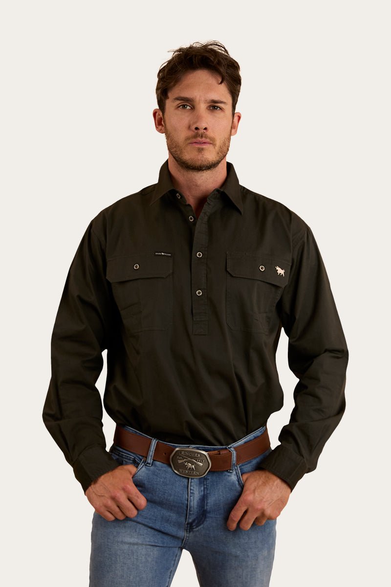 RINGERS WESTERN King River Mens Half Button Work Shirt - Charcoal