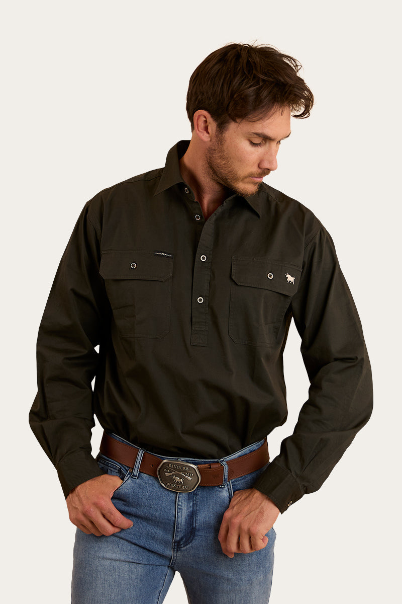 RINGERS WESTERN King River Mens Half Button Work Shirt - Charcoal