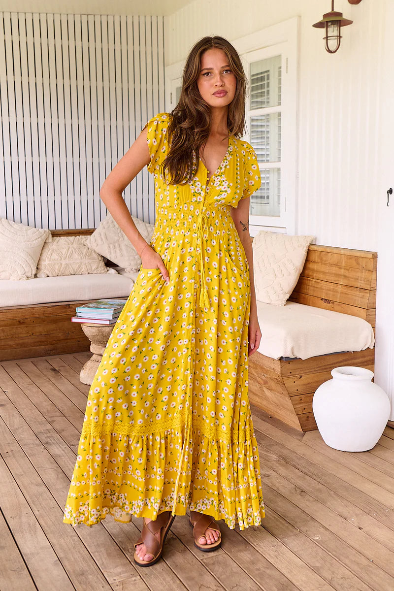 Sunshine Daisy Print Romi Maxi Dress JAASE Whiskey and Wildflowers
