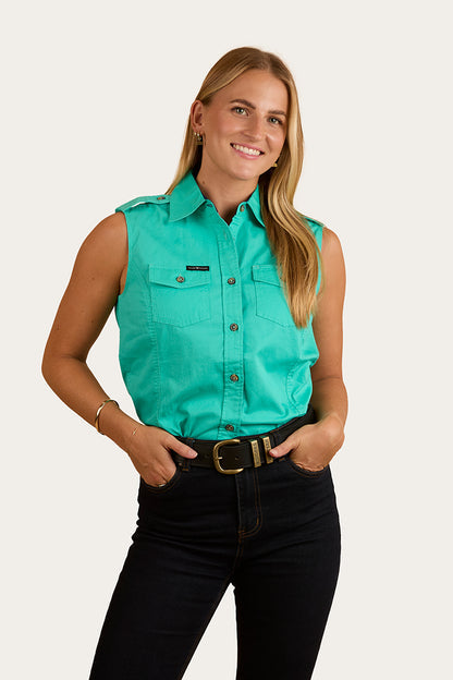 RINGERS WESTERN Pentecost River Womens Sleeveless Work Shirt - Mint / Navy