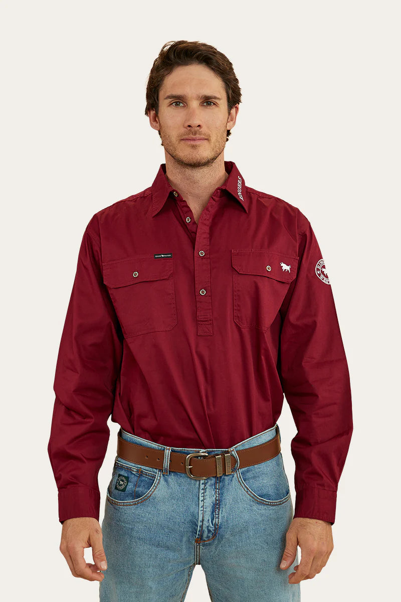 RINGERS WESTERN Kreiger Mens Half Button Work Shirt - Burgundy