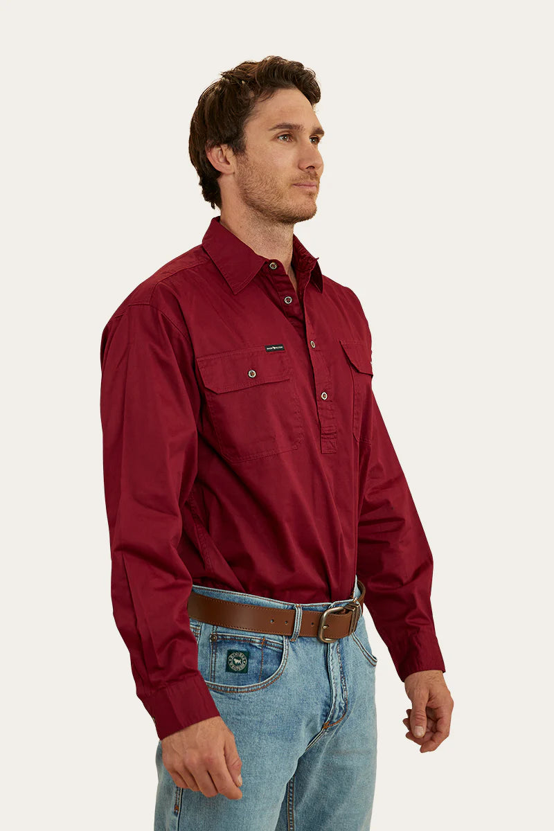 RINGERS WESTERN Kreiger Mens Half Button Work Shirt - Burgundy