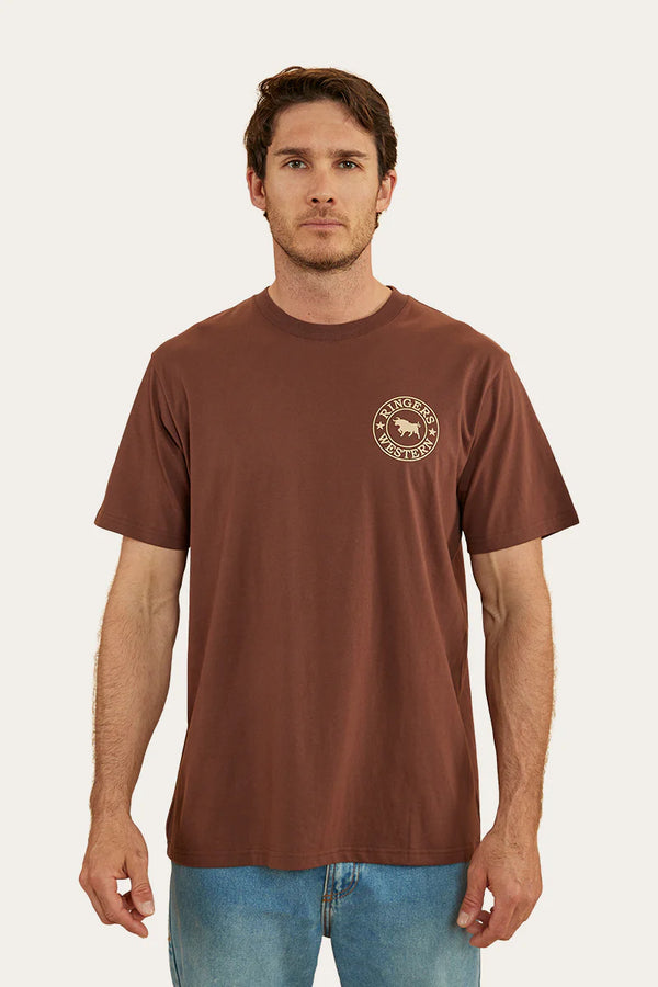 RINGERS WESTERN Signature Bull Mens Loose T-Shirt - Chocolate with dark sand Print