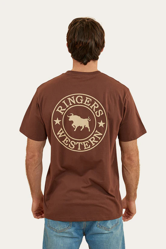 RINGERS WESTERN Signature Bull Mens Loose T-Shirt - Chocolate with dark sand Print