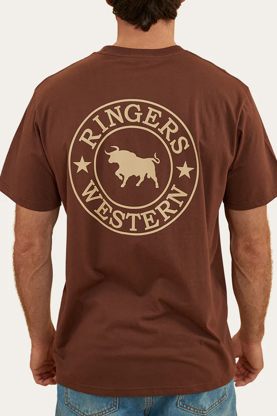 RINGERS WESTERN Signature Bull Mens Loose T-Shirt - Chocolate with dark sand Print