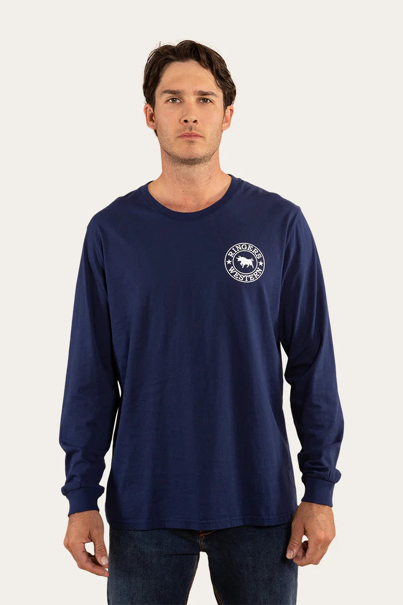 RINGERS WESTERN Signature Bull Mens Long Sleeve T-Shirt -Navy With White Print