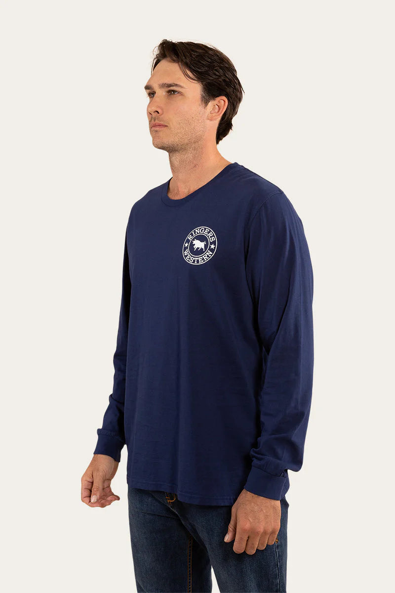 RINGERS WESTERN Signature Bull Mens Long Sleeve T-Shirt -Navy With White Print