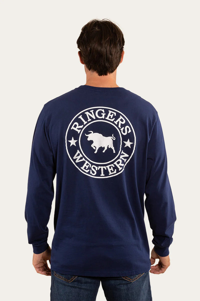 RINGERS WESTERN Signature Bull Mens Long Sleeve T-Shirt -Navy With White Print