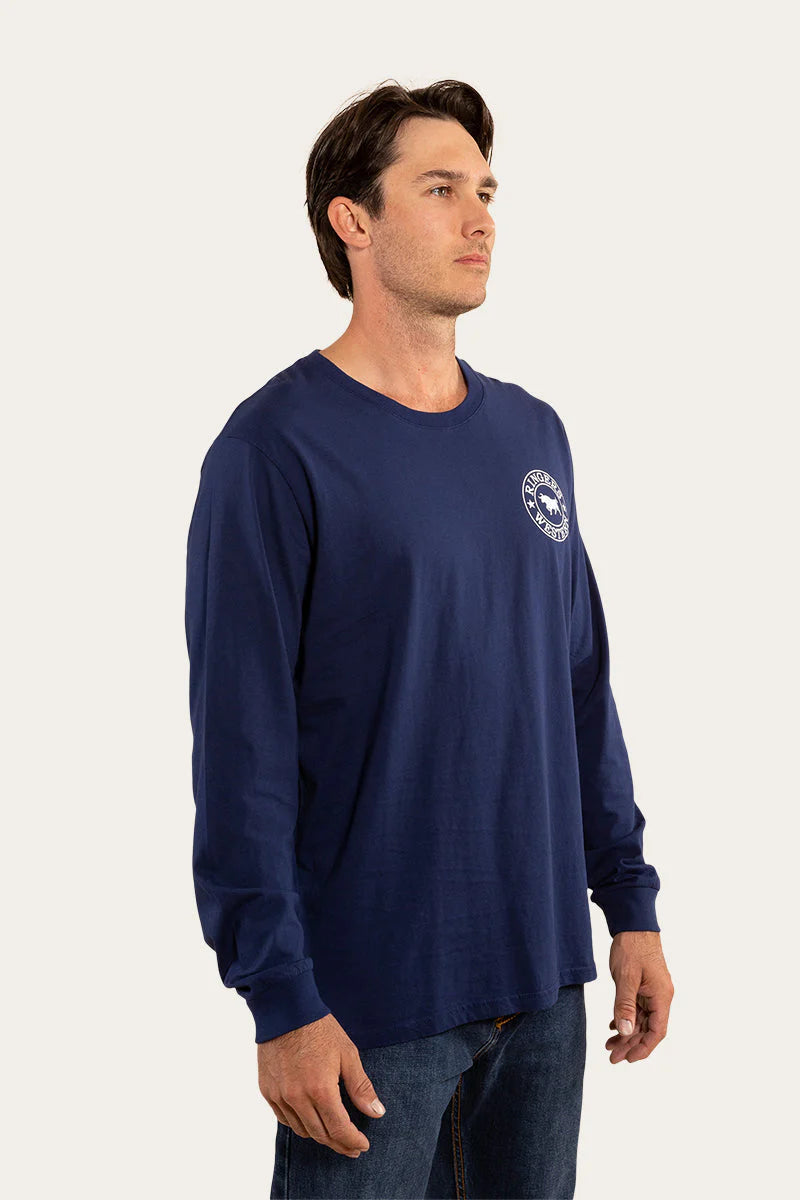 RINGERS WESTERN Signature Bull Mens Long Sleeve T-Shirt -Navy With White Print