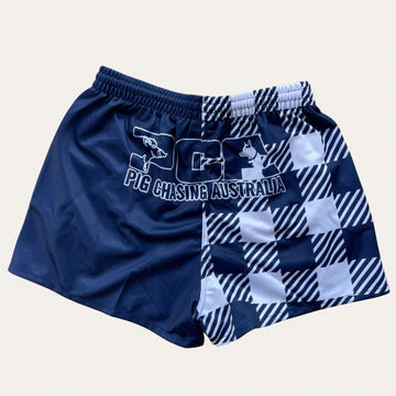 PCA Gingham Footy Shorts - Navy - ZIP POCKETS