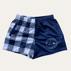 PCA Gingham Footy Shorts - Navy - ZIP POCKETS