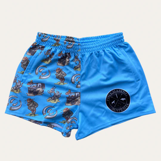 PCA Blue Cartoon Footy Shorts - ZIP Pockets!