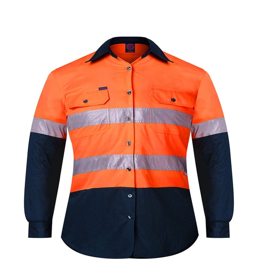Children's 2 Tone Open Front L/S Shirt with 3M 8910 Reflective Tape- Orange & Navy