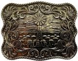 PILBARA Western Tooled Leather Belt Rodeo Buckle - Dark Brown