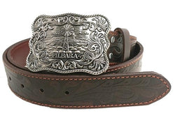 PILBARA Western Tooled Leather Belt Rodeo Buckle - Dark Brown