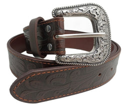 PILBARA Western Tooled Leather Belt Dress Buckle - Dark Brown