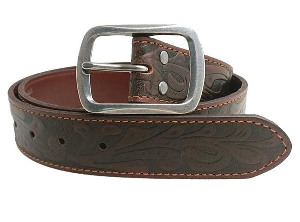 PILBARA Western Tooled Leather Belt Oval Buckle - Dark Brown