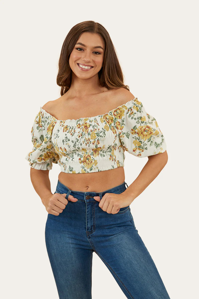 RINGERS WESTERN Rosabel Womens Shirred Top- White/Yellow