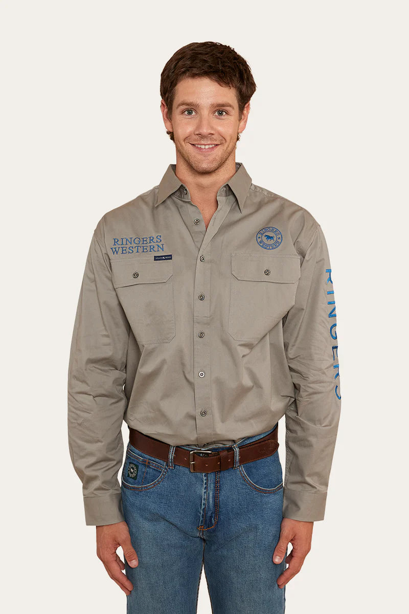 RINGERS WESTERN Hawkeye Mens Full Button Work Shirt-Grey/ Snorkle Blue.