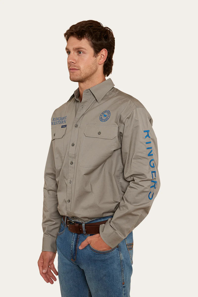 RINGERS WESTERN Hawkeye Mens Full Button Work Shirt-Grey/ Snorkle Blue.