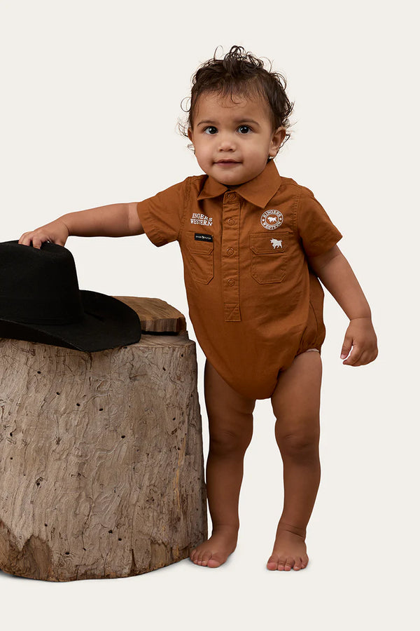 RINGERS WESTERN Babies Short Sleeve Work Shirt Romper - Tobacco/White