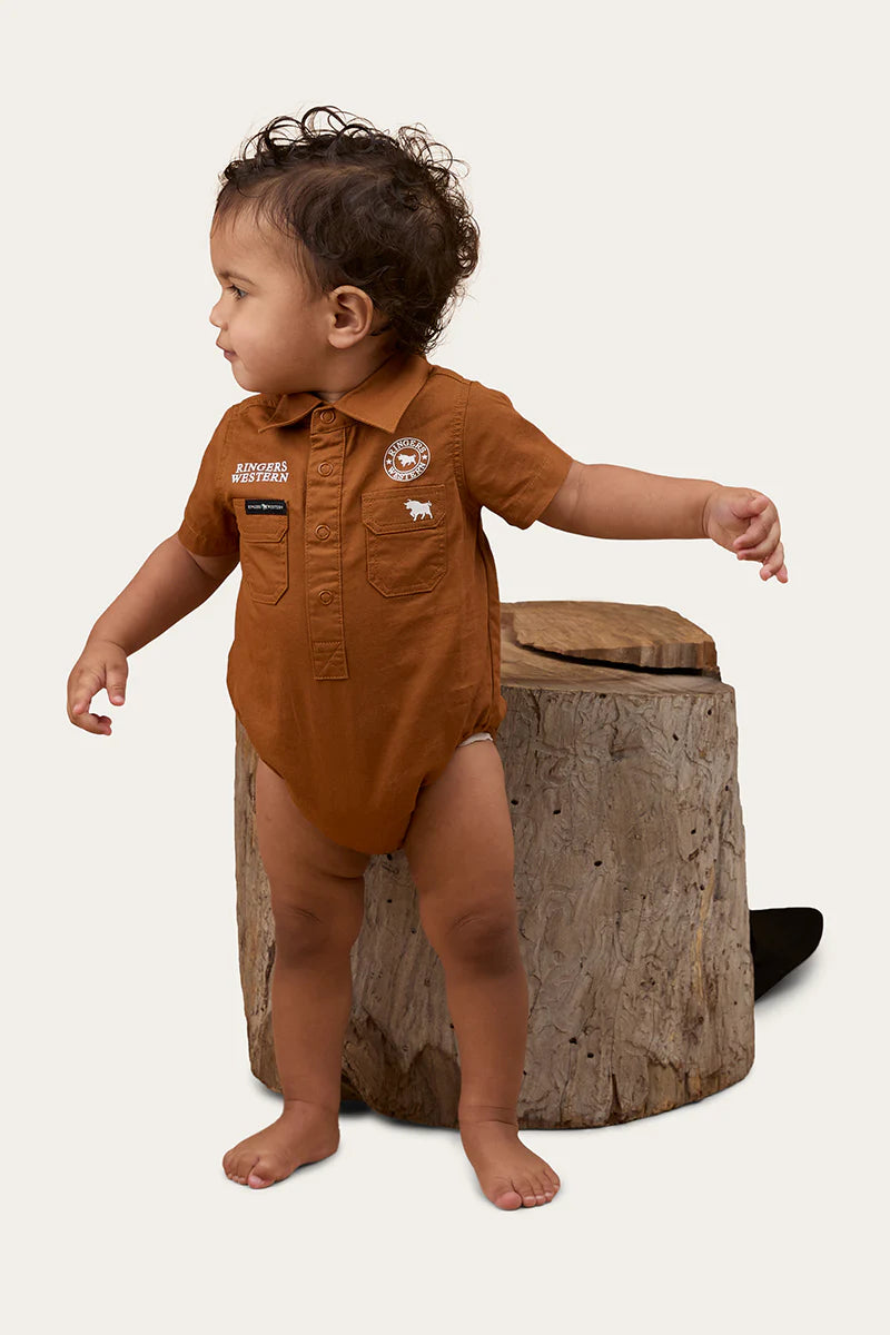 RINGERS WESTERN Babies Short Sleeve Work Shirt Romper - Tobacco/White
