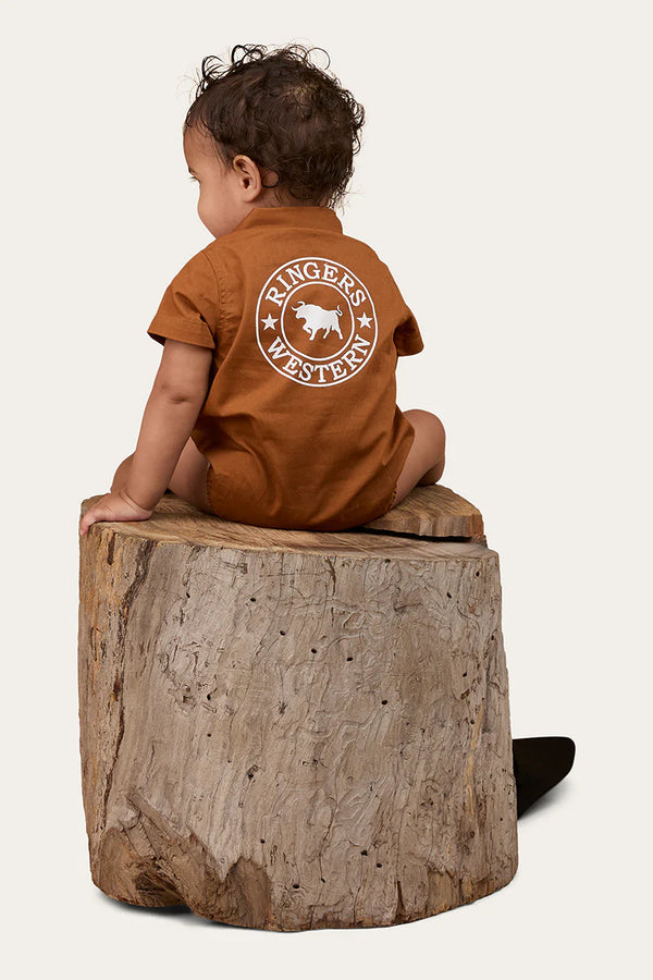 RINGERS WESTERN Babies Short Sleeve Work Shirt Romper - Tobacco/White