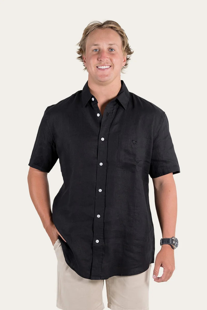 RINGERS WESTERN Dawson Mens Relaxed Short Sleeve Linen Dress Shirt - Black