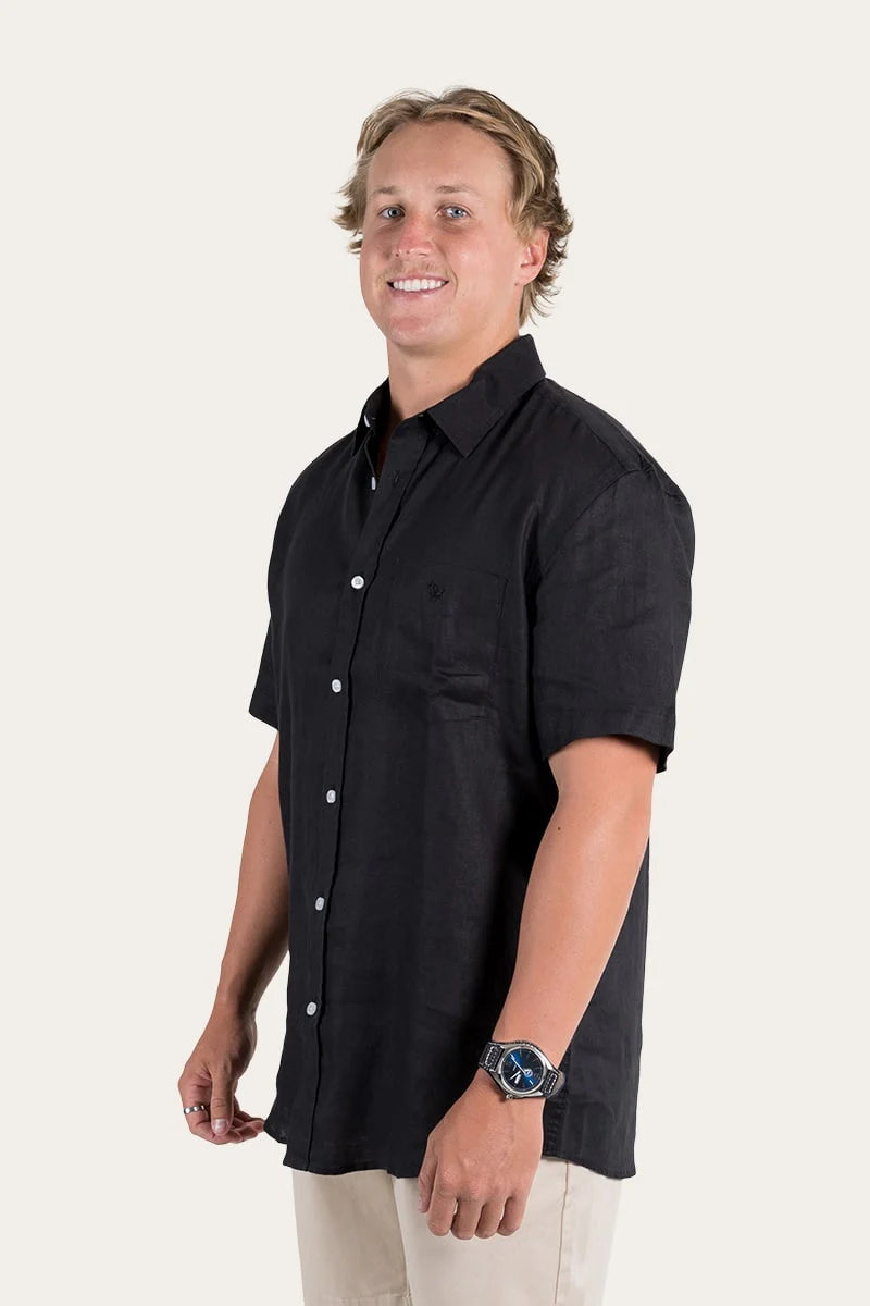 RINGERS WESTERN Dawson Mens Relaxed Short Sleeve Linen Dress Shirt - Black