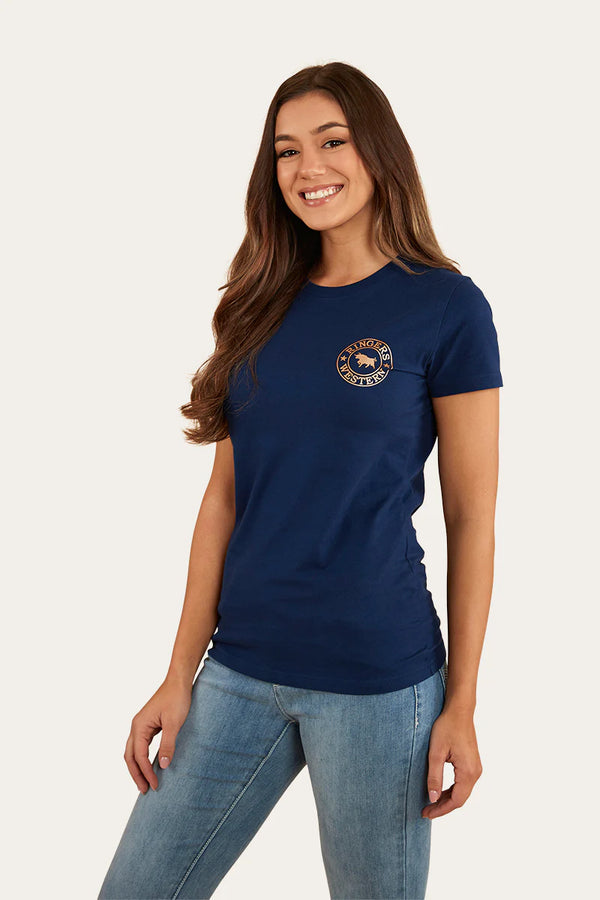 RINGERS WESTERN Signature Bull Womens Classic Fit T-Shirt - Navy/Rose Gold