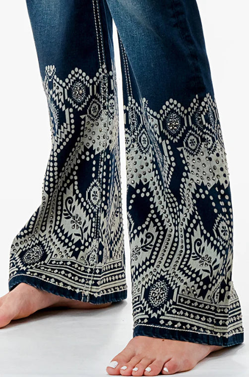 GRACE IN LA Women's Aztec Rhinestone High-Rise Boot Cut Jeans HB61799