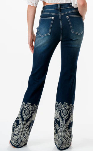 GRACE IN LA Women's Aztec Rhinestone High-Rise Boot Cut Jeans HB61799