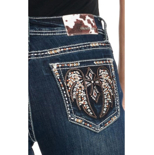 GRACE IN LA  Women's Dark Wash Copper White Wings & Crosses Bling Boot Cut Jeans