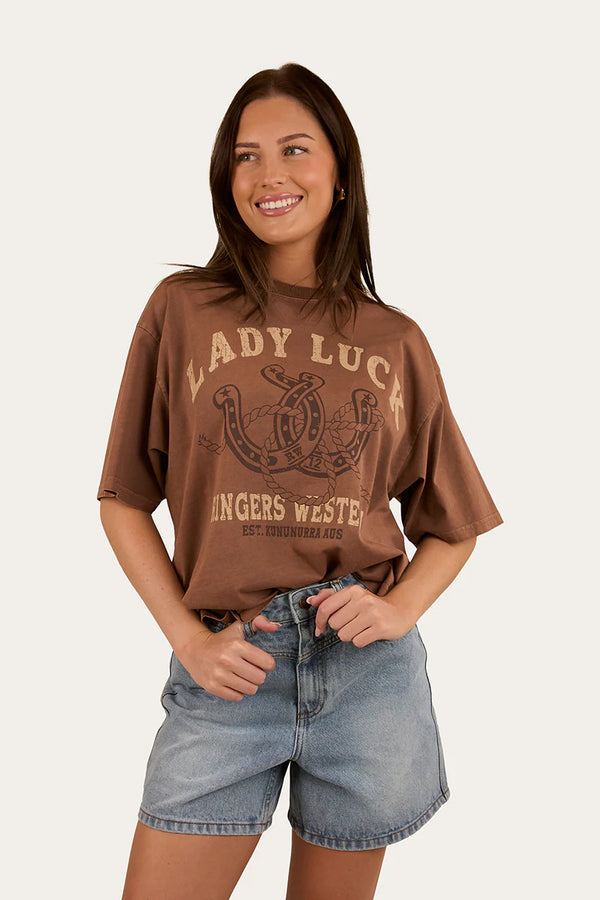 RINGERS WESTERN Lady Luck Womens Oversized T-Shirt - Washed Saddle Brown