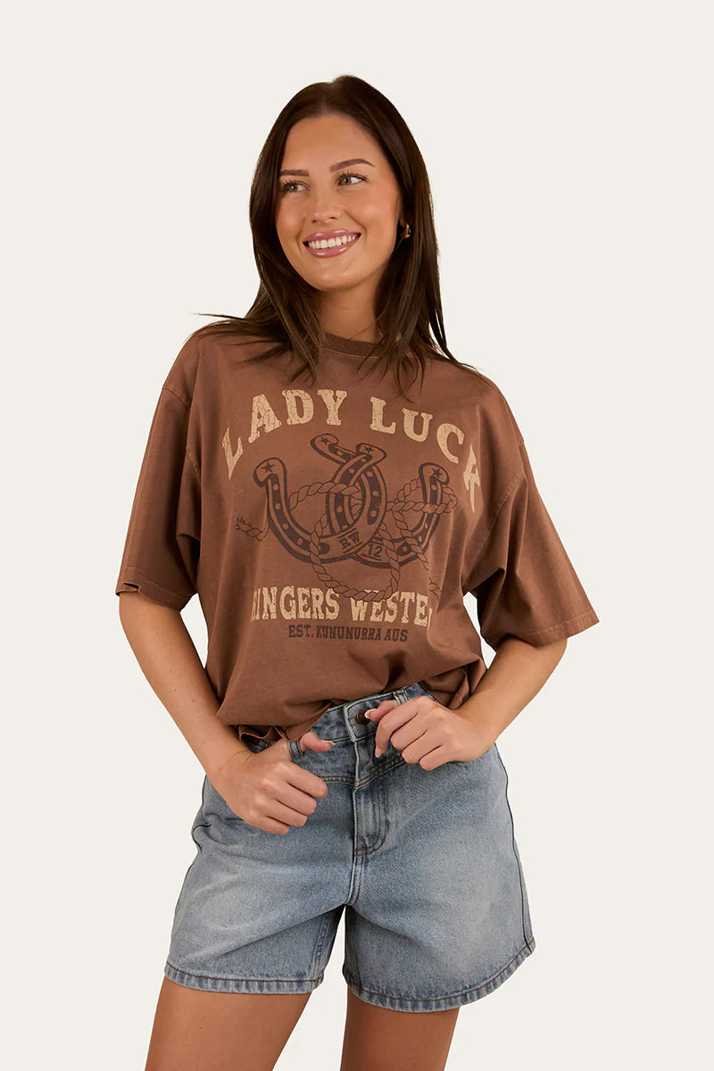 RINGERS WESTERN Lady Luck Womens Oversized T-Shirt - Washed Saddle Brown