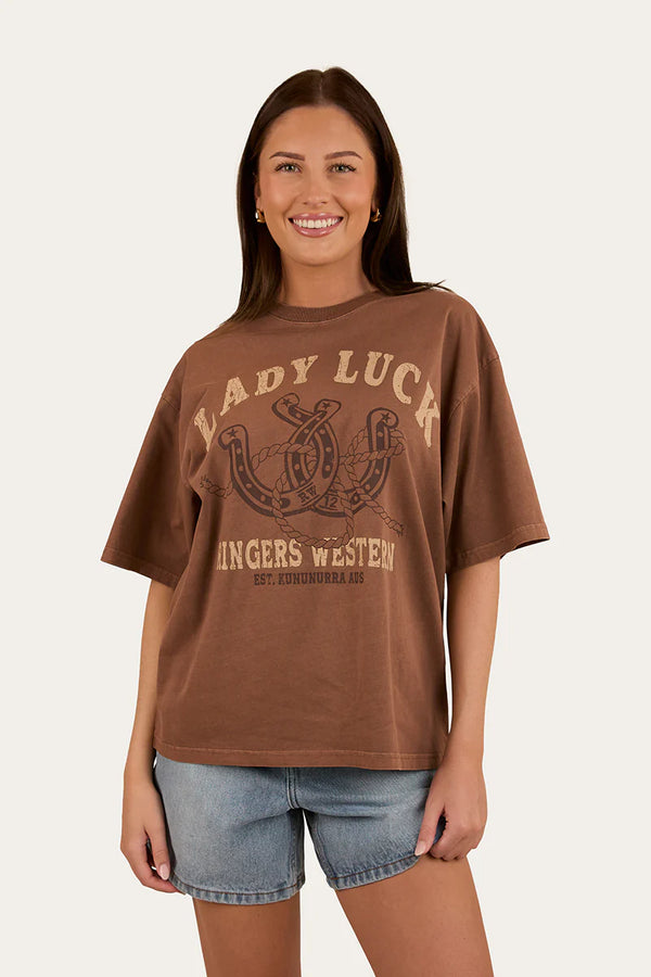 RINGERS WESTERN Lady Luck Womens Oversized T-Shirt - Washed Saddle Brown
