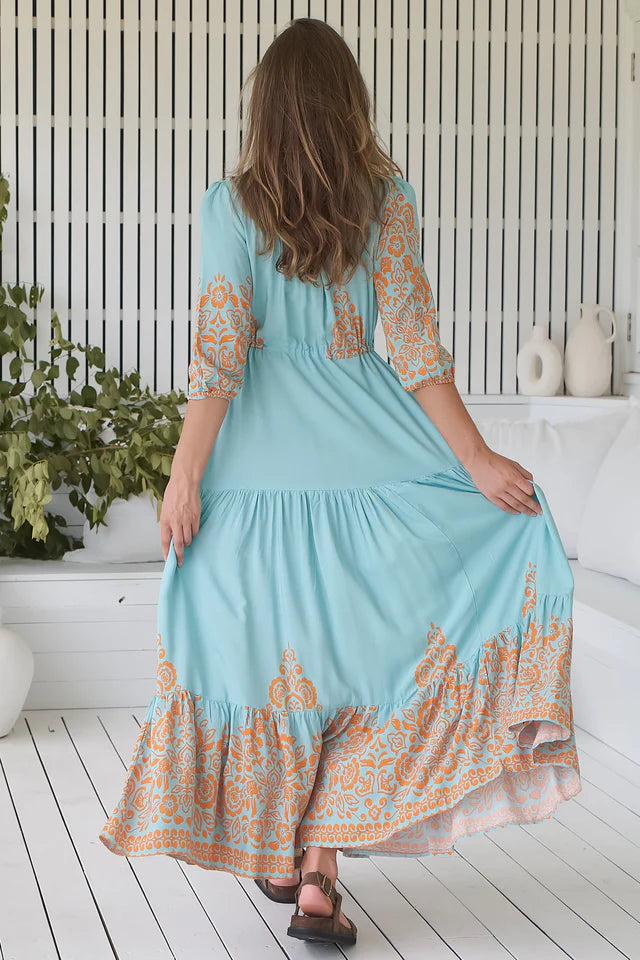 Tessa Maxi Dress: A Line Pull Tie Waist Dress in Arabian Nights Print- JASSE