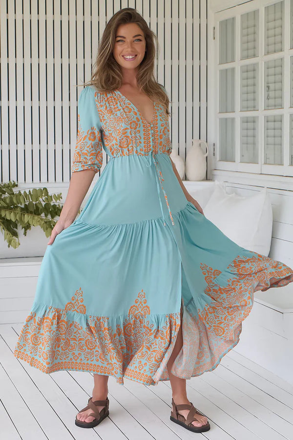 Tessa Maxi Dress: A Line Pull Tie Waist Dress in Arabian Nights Print- JASSE