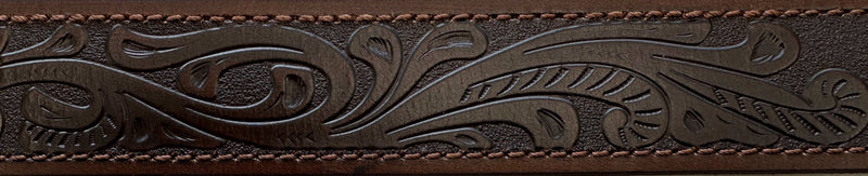 PILBARA Western Tooled Leather Belt Rodeo Buckle - Dark Brown