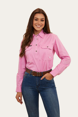 RINGERS WESTERN Herefords Womens Half Button Work Shirt - Pastel Pink/Beige