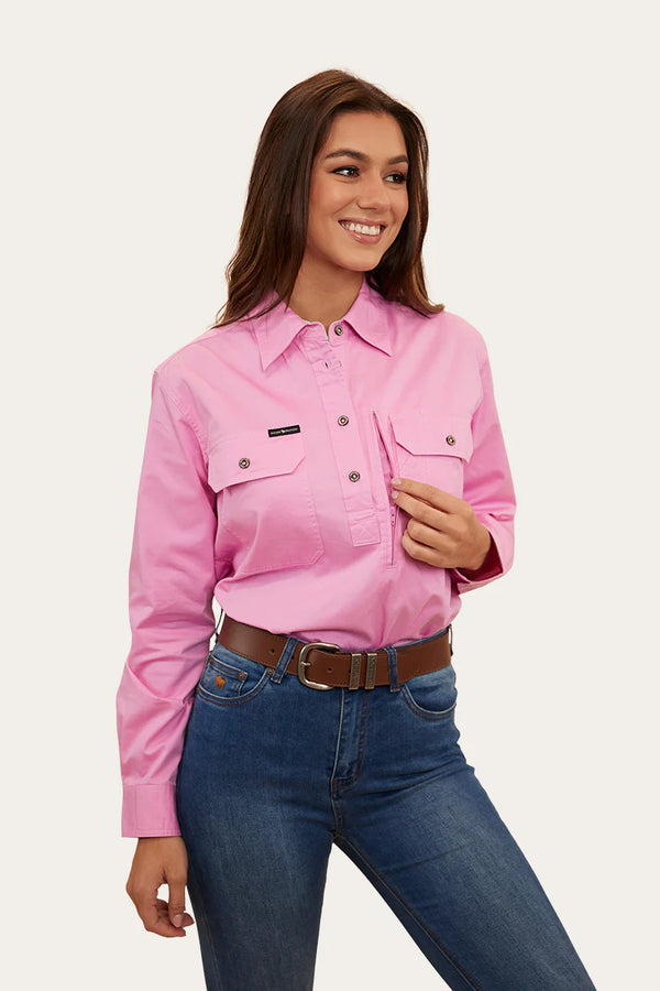 RINGERS WESTERN Herefords Womens Half Button Work Shirt - Pastel Pink/Beige