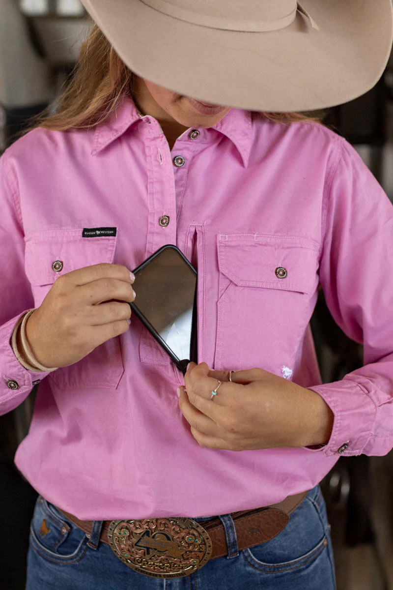 RINGERS WESTERN Herefords Womens Half Button Work Shirt - Pastel Pink/Beige