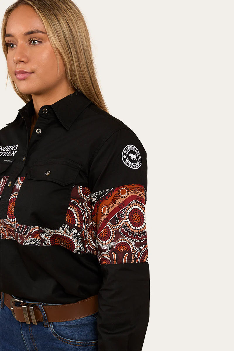 RINGERS WESTERN Walkabout Warrior Womens Half Button Work Shirt - Black
