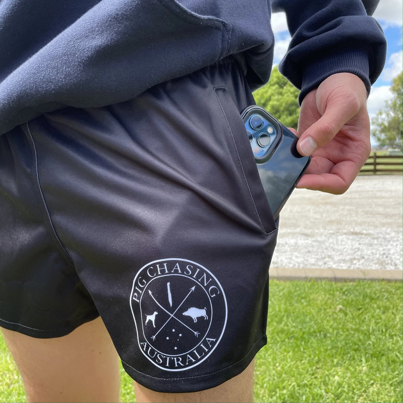PCA Footy Shorts -Double Stripe Black - ZIP Pockets!