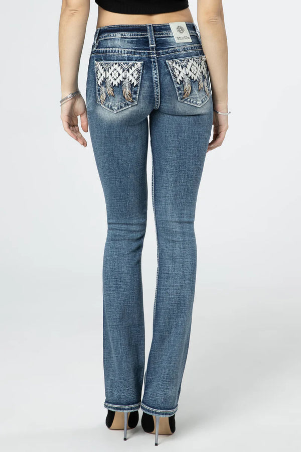 Women's Feathered Aztec Embroidered Jeans - Grace in LA