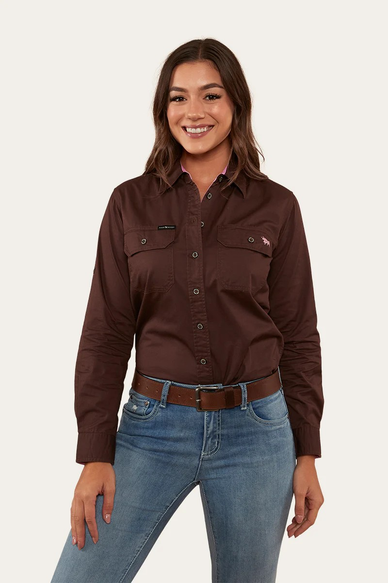 RINGERS WESTERN Pentecost River Womens Full Button Work Shirt -Chocolate/Pastel pink