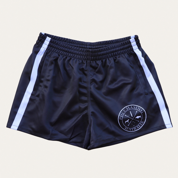 PCA Footy Shorts -Double Stripe Black - ZIP Pockets!